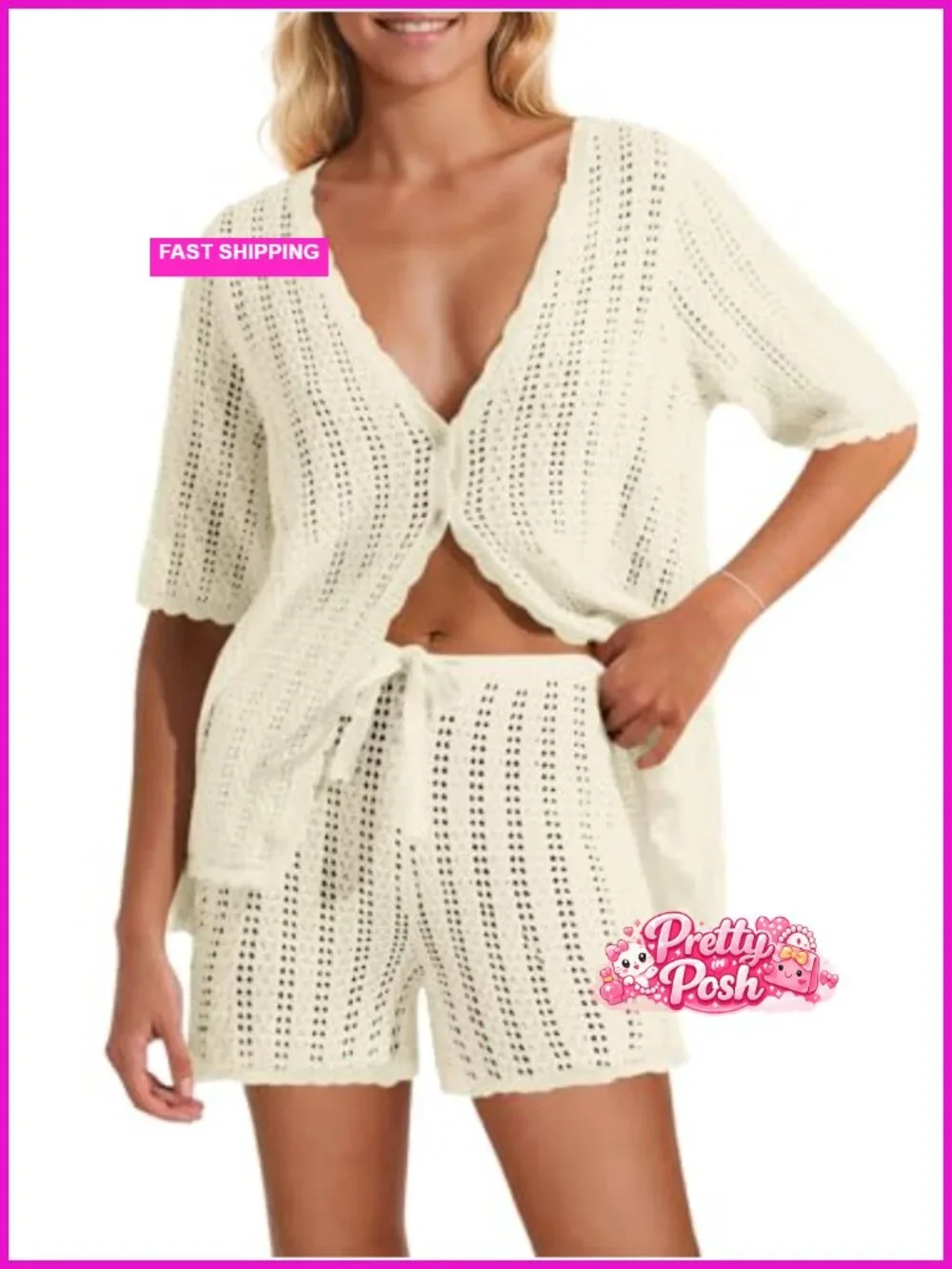 Women Crochet Knit 2 Piece Swimsuit Cover Up Short Sleeve Top & Shorts Set